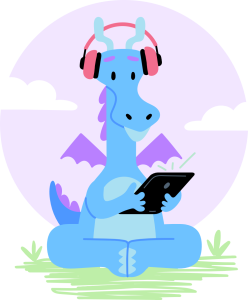 Cartoon dragon with headphones and tablet