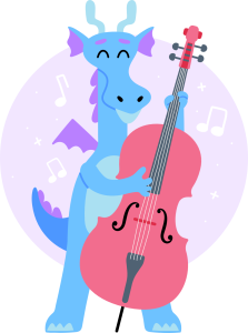 Cartoon dragon with cello instrument
