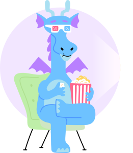 Cartoon dragon with popcorn and 3d glasses