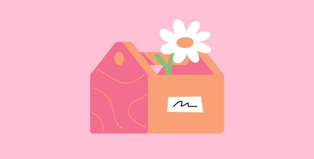 Pink and orange cartoon tool box with flower growing from inside against pink background