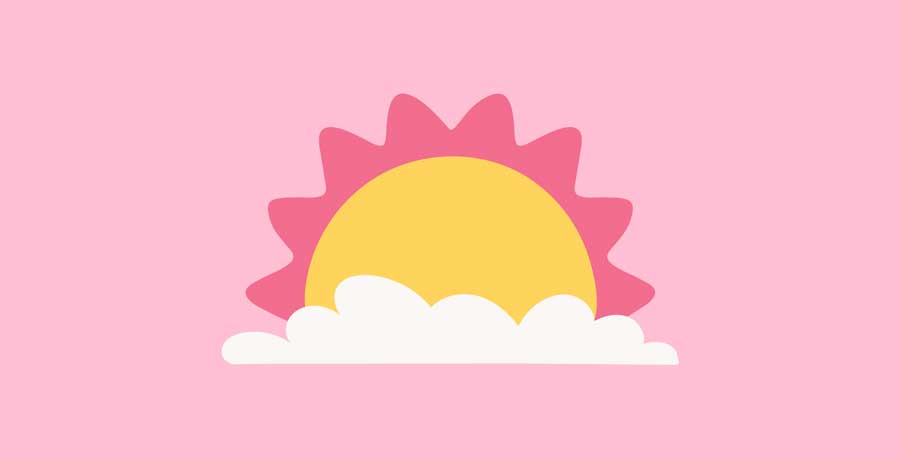 Cartoon sun peeking out from a cloud on pink background