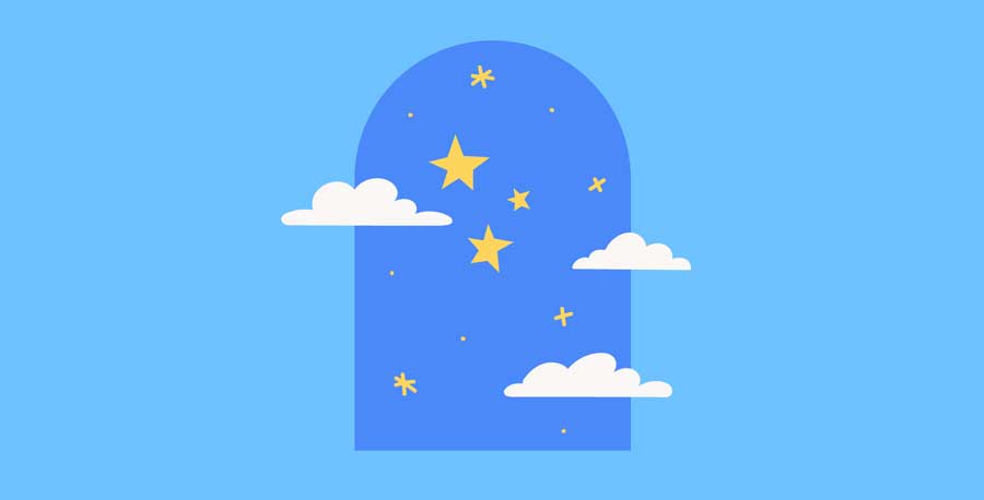 Cartoon abstract half-oval window with clouds and stars