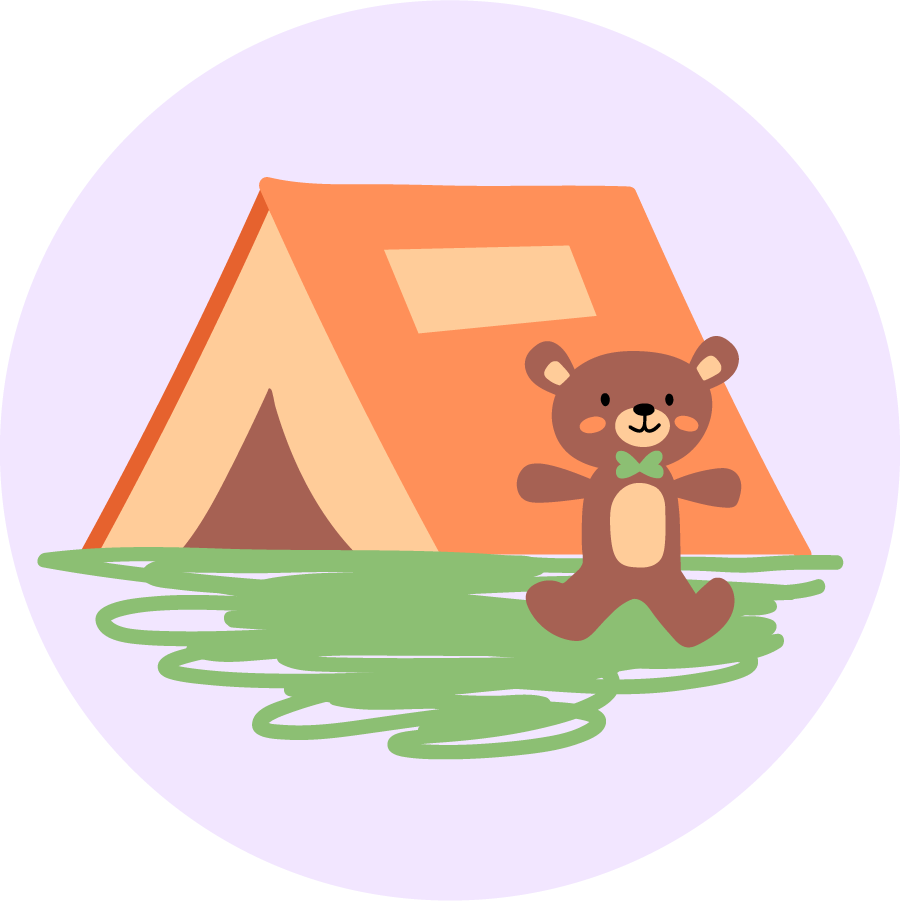 The Great Teddy Bear Campout, guided meditation for kids, cartoon tent and teddy bear