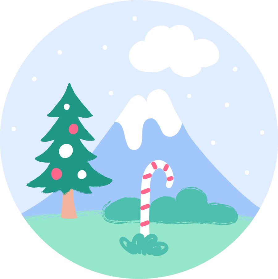 Up on Peppermint Mountain, story meditation for kids, cartoon mountain, holiday tree, and candy cane