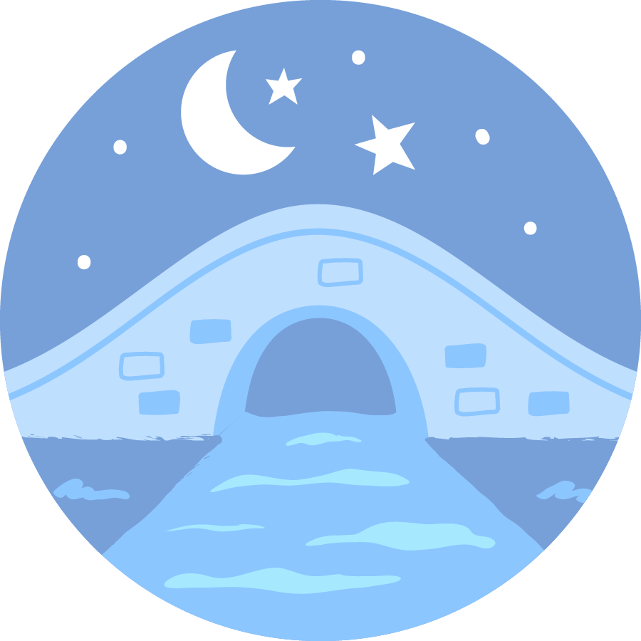 The Night Bridge, guided meditation for children, cartoon river flowing underneath bridge at nighttime