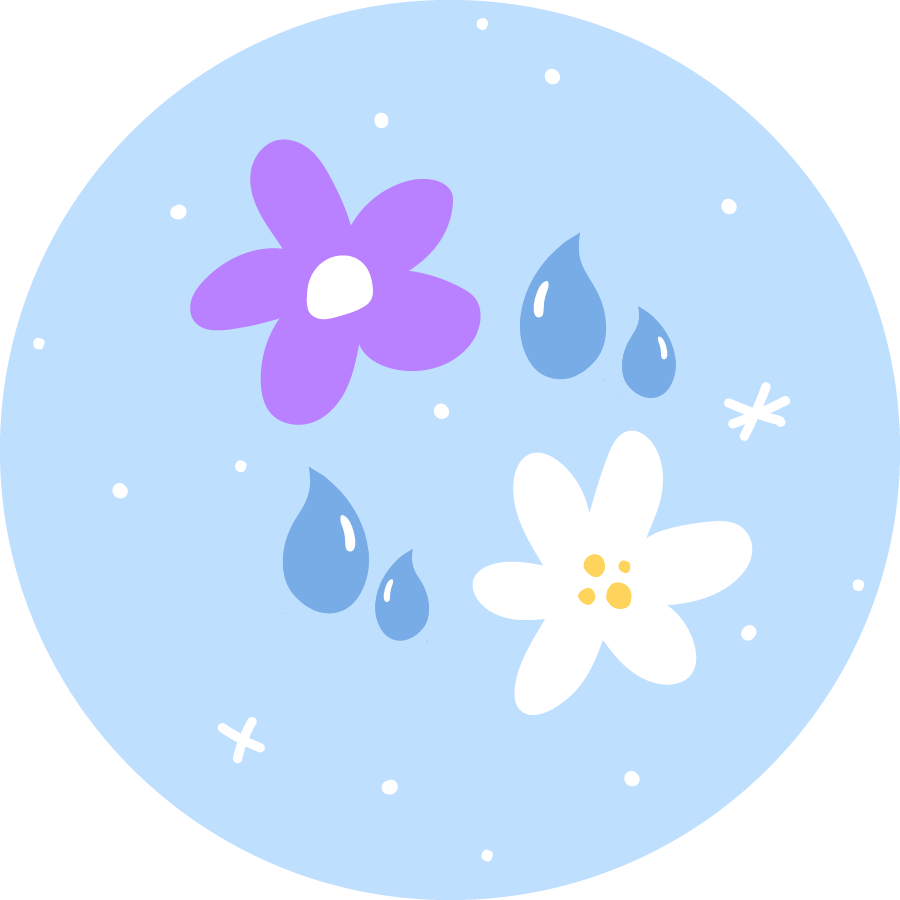 meditation music, cartoon flower with raindrops on blue background