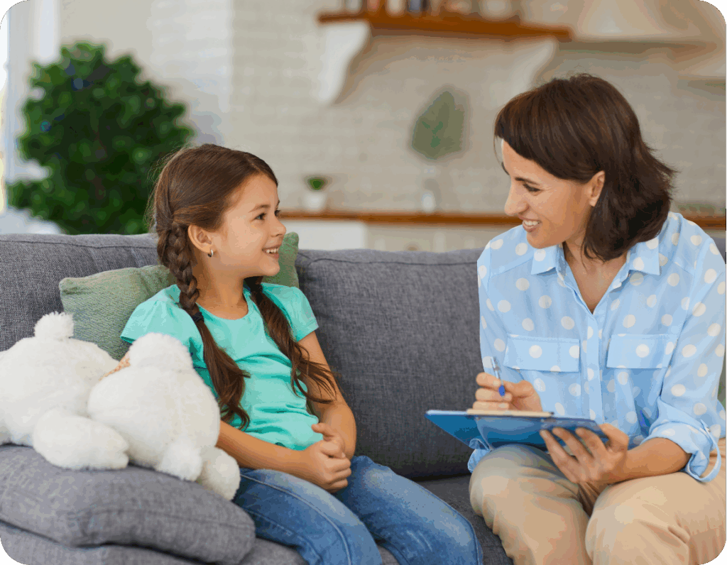 Girl and therapist sitting on couch